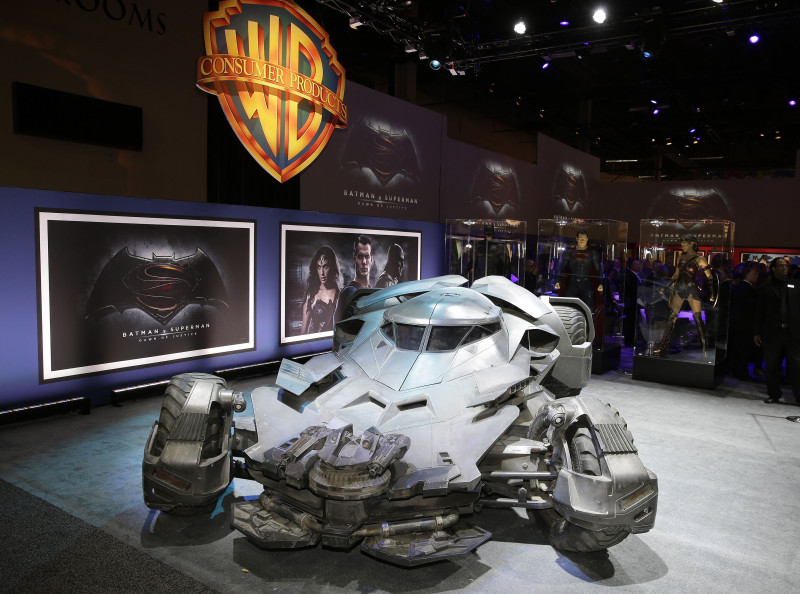 Warner Bros. Consumer Products exclusively unveils the Batmobile and select costumes from the highly anticipated film, “Batman v Superman: Dawn of Justice” at Licensing Expo 2015 on Tuesday, June 9, 2015 in Las Vegas. (Photo by Isaac Brekken/Invision for Warner Bros./AP Images)